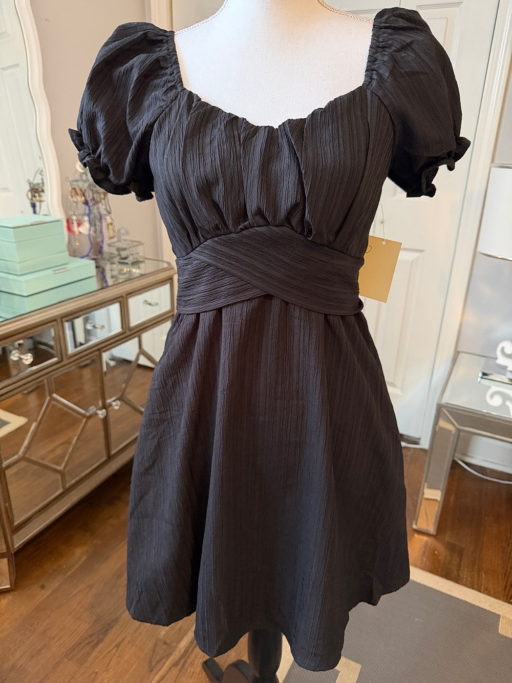 Pie In The Sky Black Puff-Sleeve Empire Waist Mini Dress Med ❤️